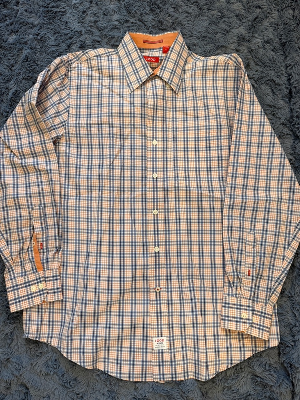 Izod Men’s Blue and Orange Plaid Button-Down Shirt